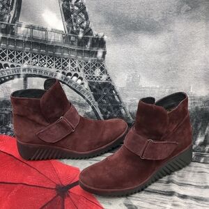 Fly London Lobe Hook Loop Burgundy Leather Wedge  Boots 9-9.5